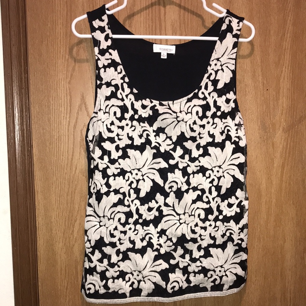 XL Symmetry Embroidered Black W/White Tank